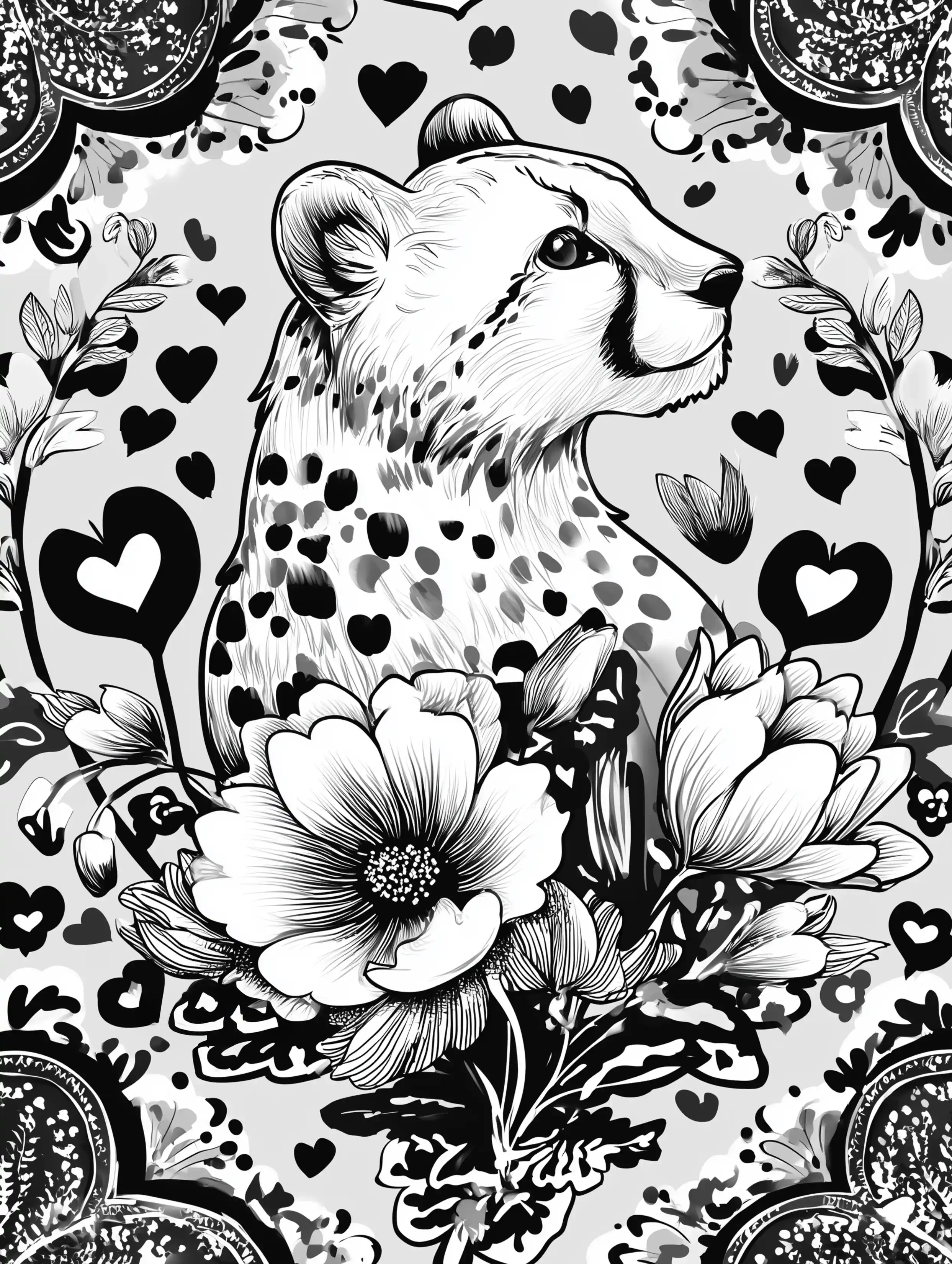 Free cheetah printable coloring page featuring a young cheetah standing on flowers